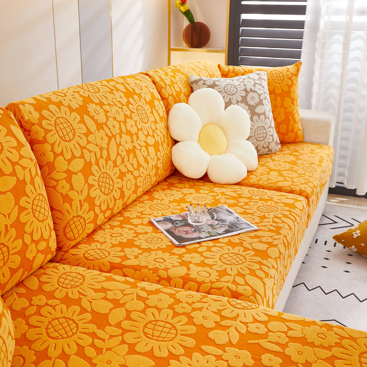 Flower Pattern Jacquard Fleece Stretch Sofa Cover, Non-Slip L-Shaped Couch Cushion Covers for Pets