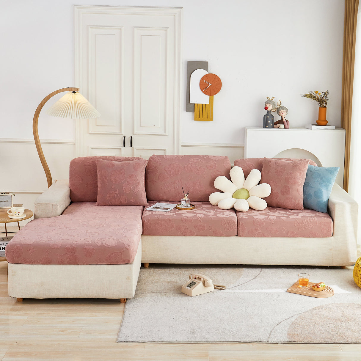 Cherry Cute Cooling Silk Fabric Stretch Couch Cushion Covers, Non-Slip Furniture Protector for Kids