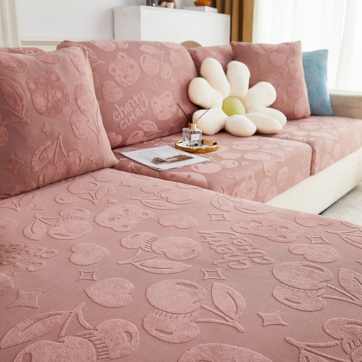 Cherry Cute Cooling Silk Fabric Stretch Couch Cushion Covers, Non-Slip Furniture Protector for Kids