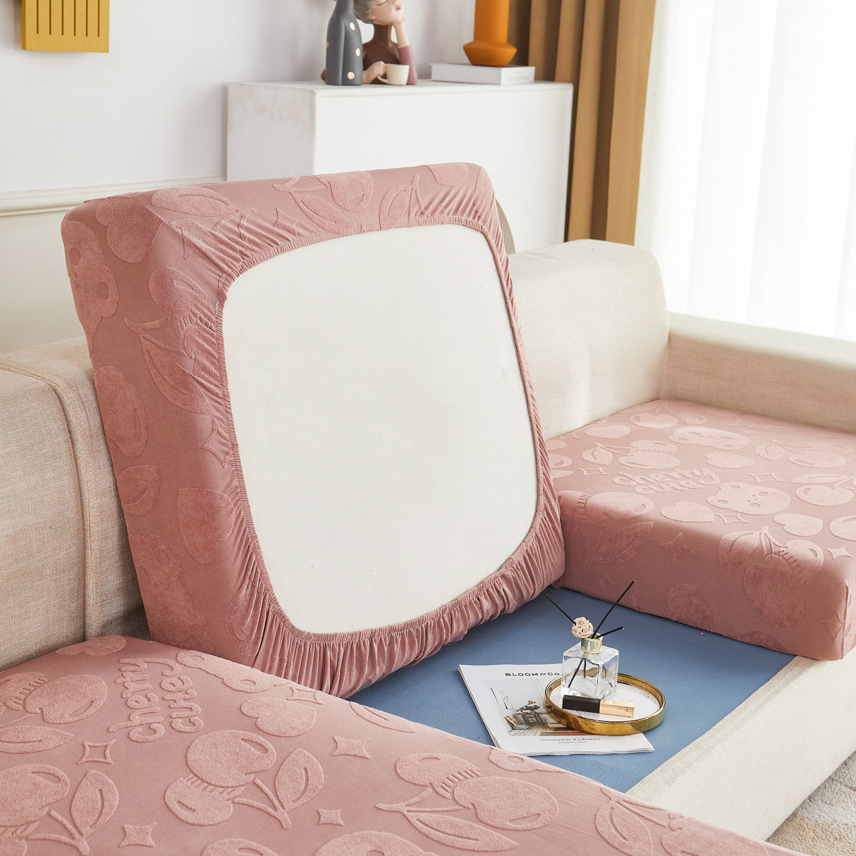 Cherry Cute Cooling Silk Fabric Stretch Couch Cushion Covers, Non-Slip Furniture Protector for Kids