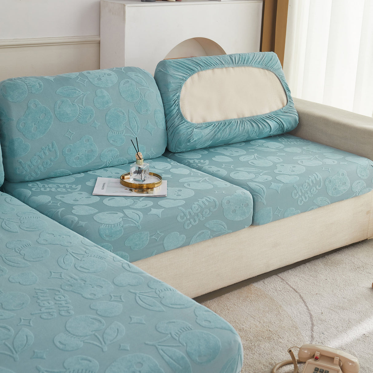 Cherry Cute Cooling Silk Fabric Stretch Couch Cushion Covers, Non-Slip Furniture Protector for Kids