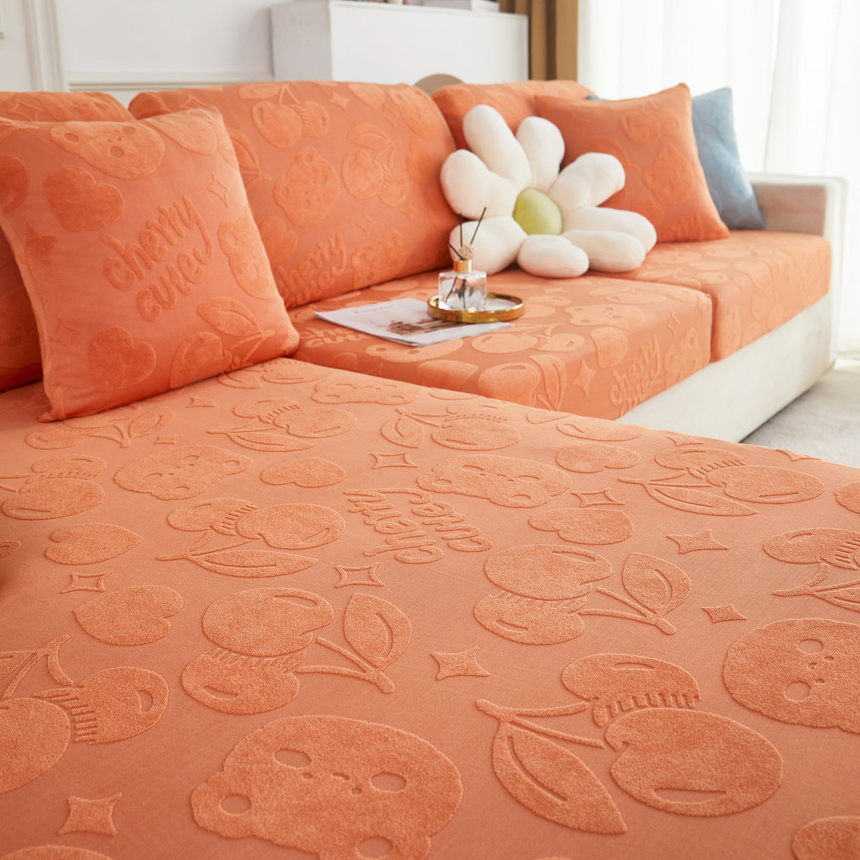 Cherry Cute Cooling Silk Fabric Stretch Couch Cushion Covers, Non-Slip Furniture Protector for Kids