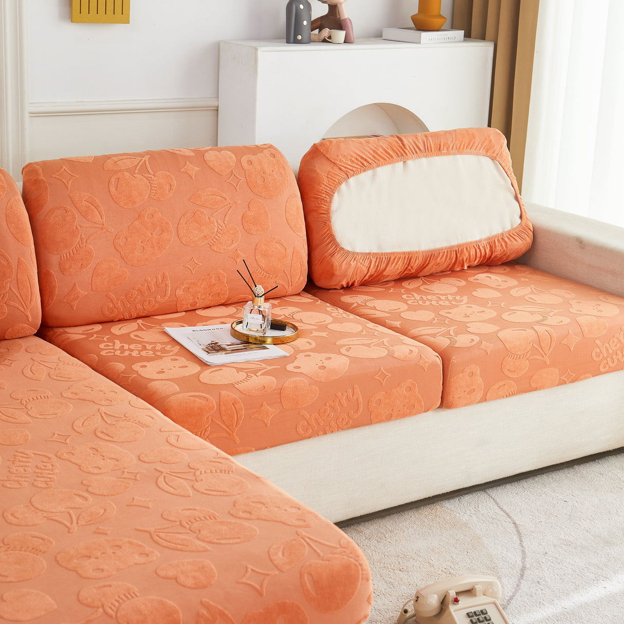 Cherry Cute Cooling Silk Fabric Stretch Couch Cushion Covers, Non-Slip Furniture Protector for Kids