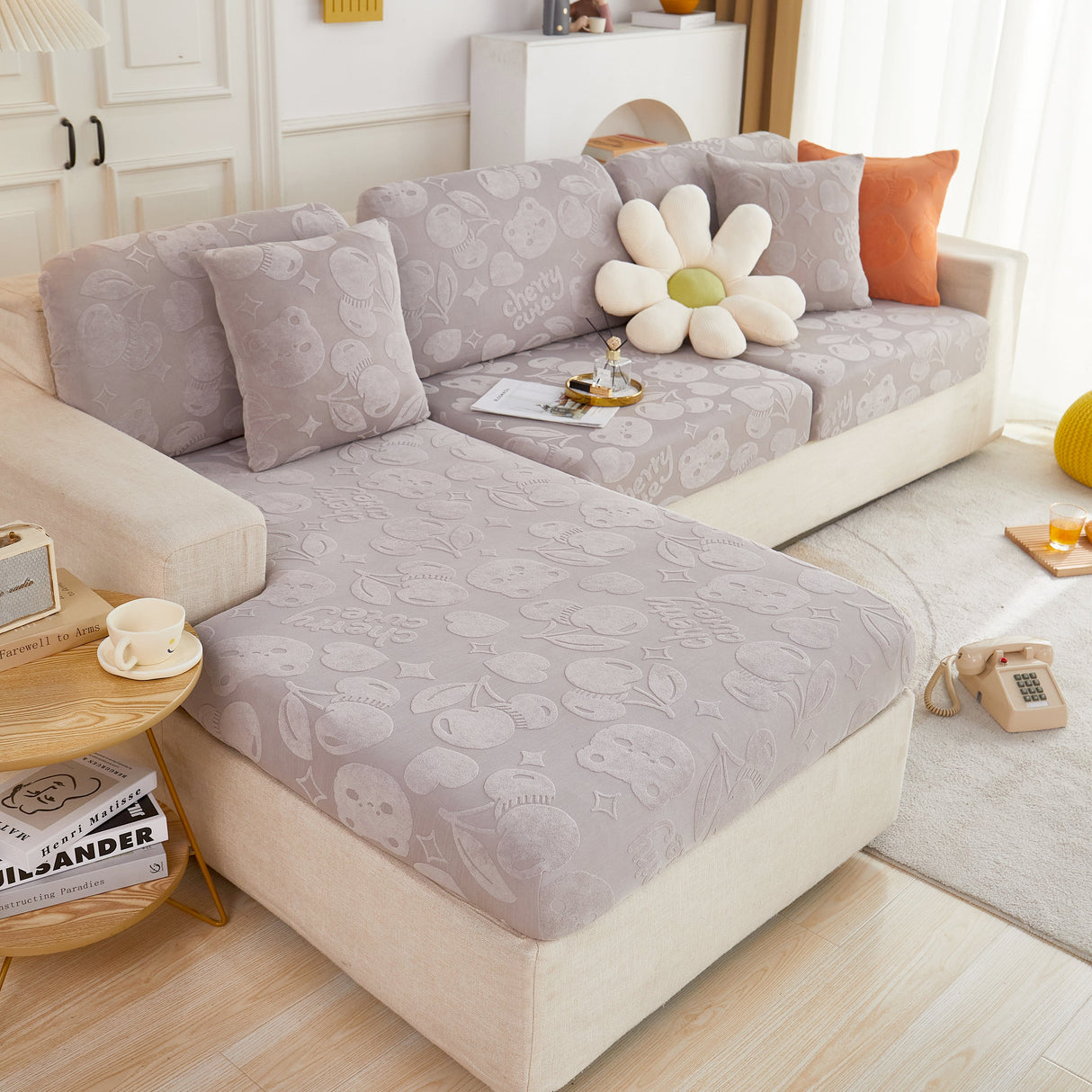 Cherry Cute Cooling Silk Fabric Stretch Couch Cushion Covers, Non-Slip Furniture Protector for Kids