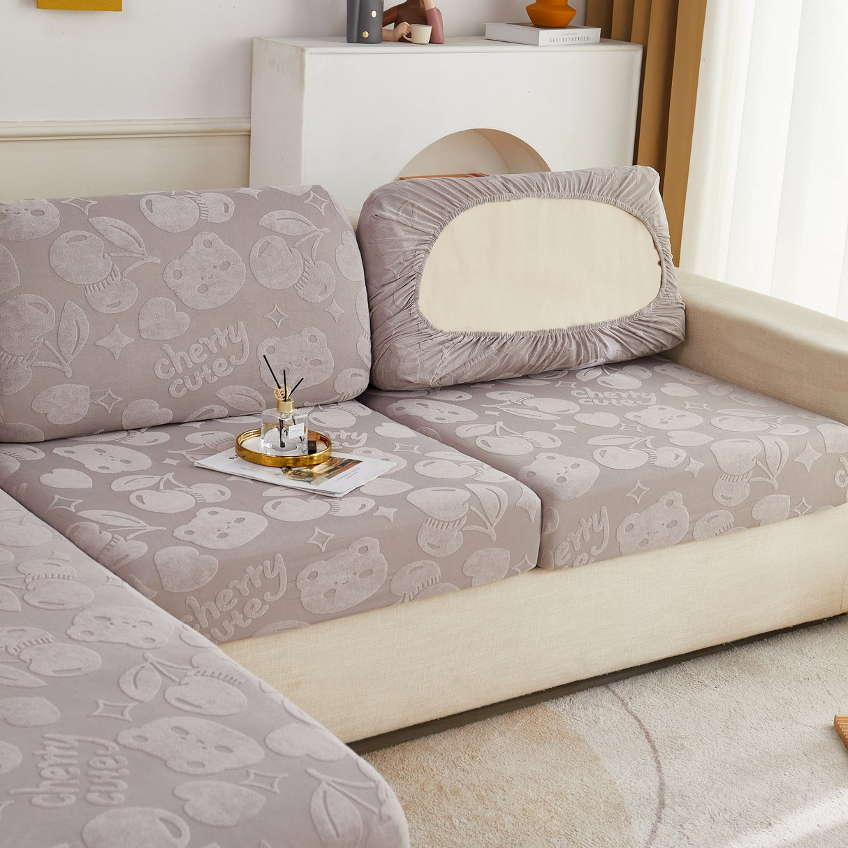 Cherry Cute Cooling Silk Fabric Stretch Couch Cushion Covers, Non-Slip Furniture Protector for Kids