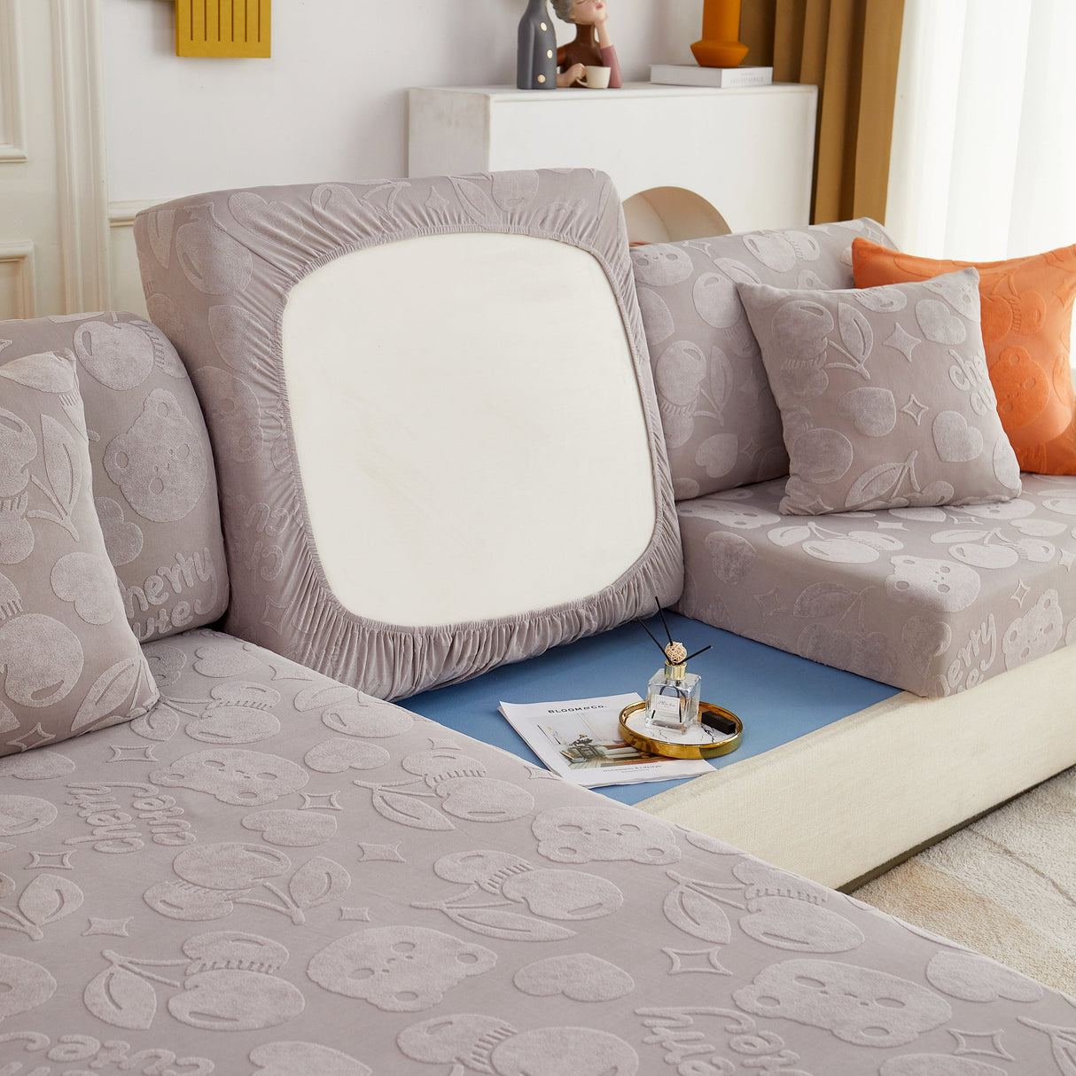 Cherry Cute Cooling Silk Fabric Stretch Couch Cushion Covers, Non-Slip Furniture Protector for Kids