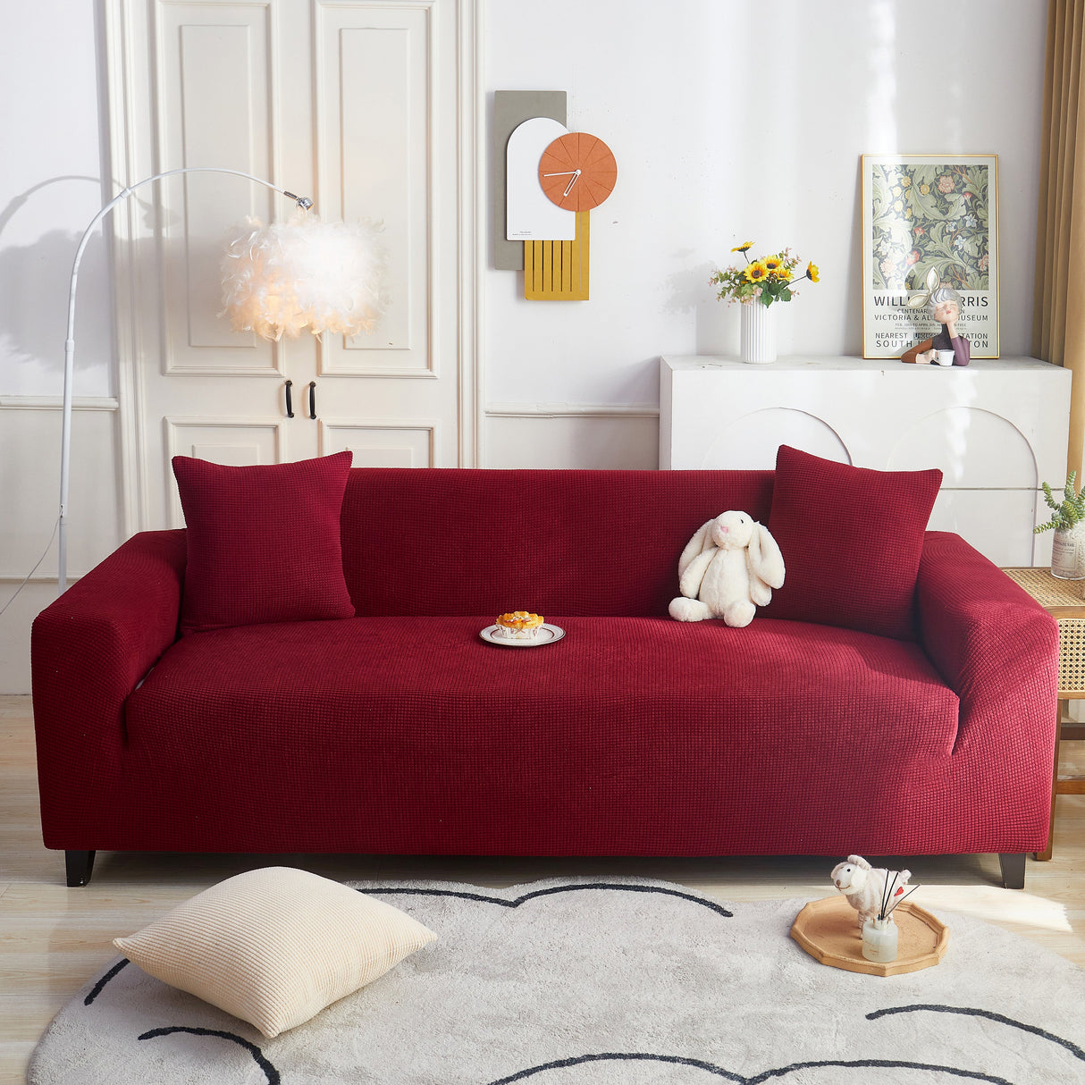 Grid Textured Stretch Sofa Cover, Soft Elastic Slipcover for Couch Protection