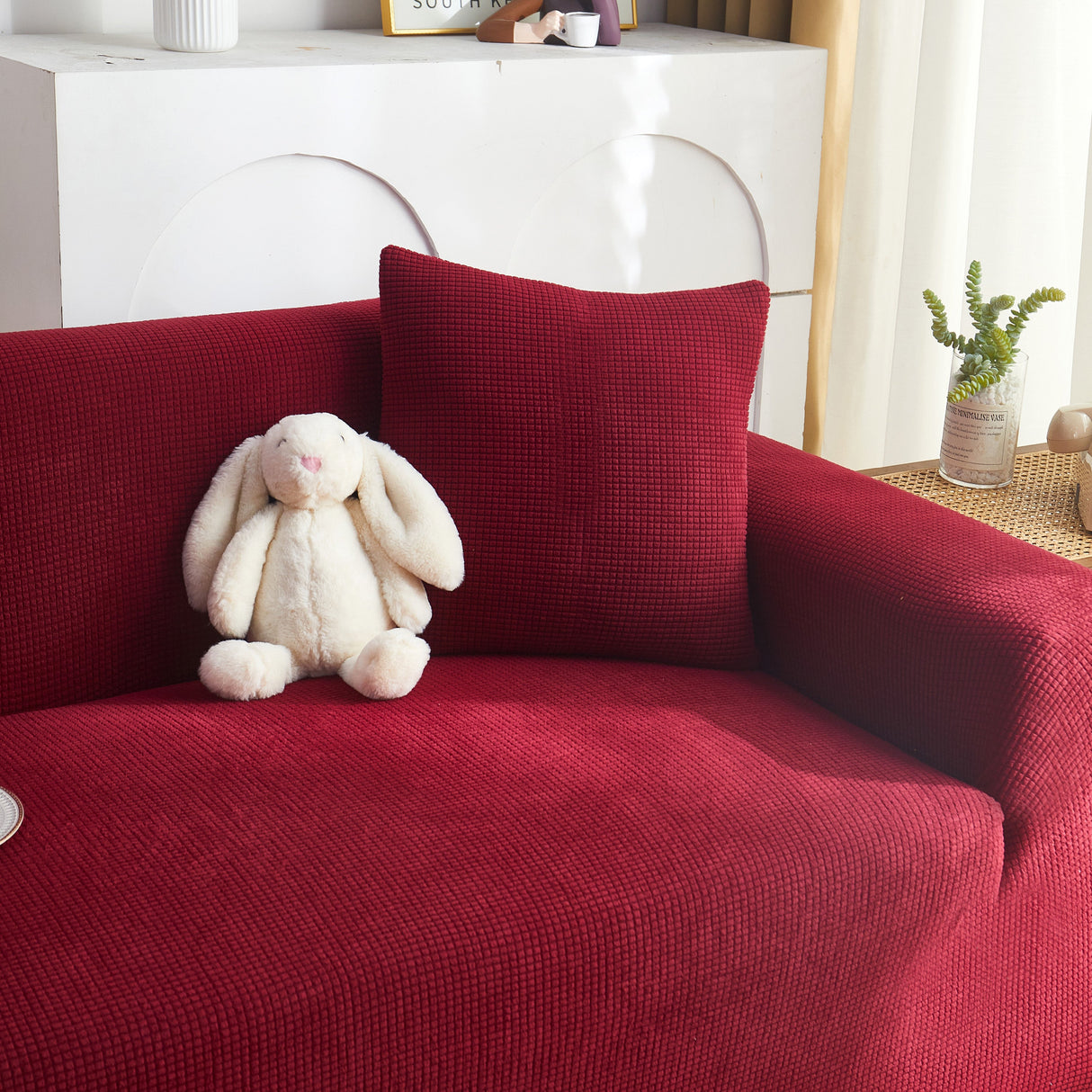 Grid Textured Stretch Sofa Cover, Soft Elastic Slipcover for Couch Protection