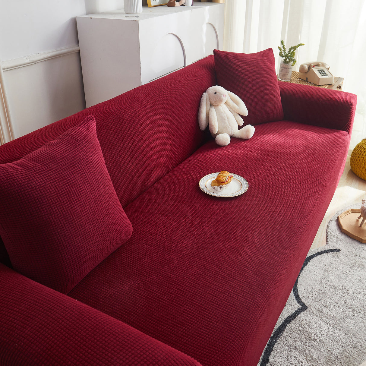 Grid Textured Stretch Sofa Cover, Soft Elastic Slipcover for Couch Protection