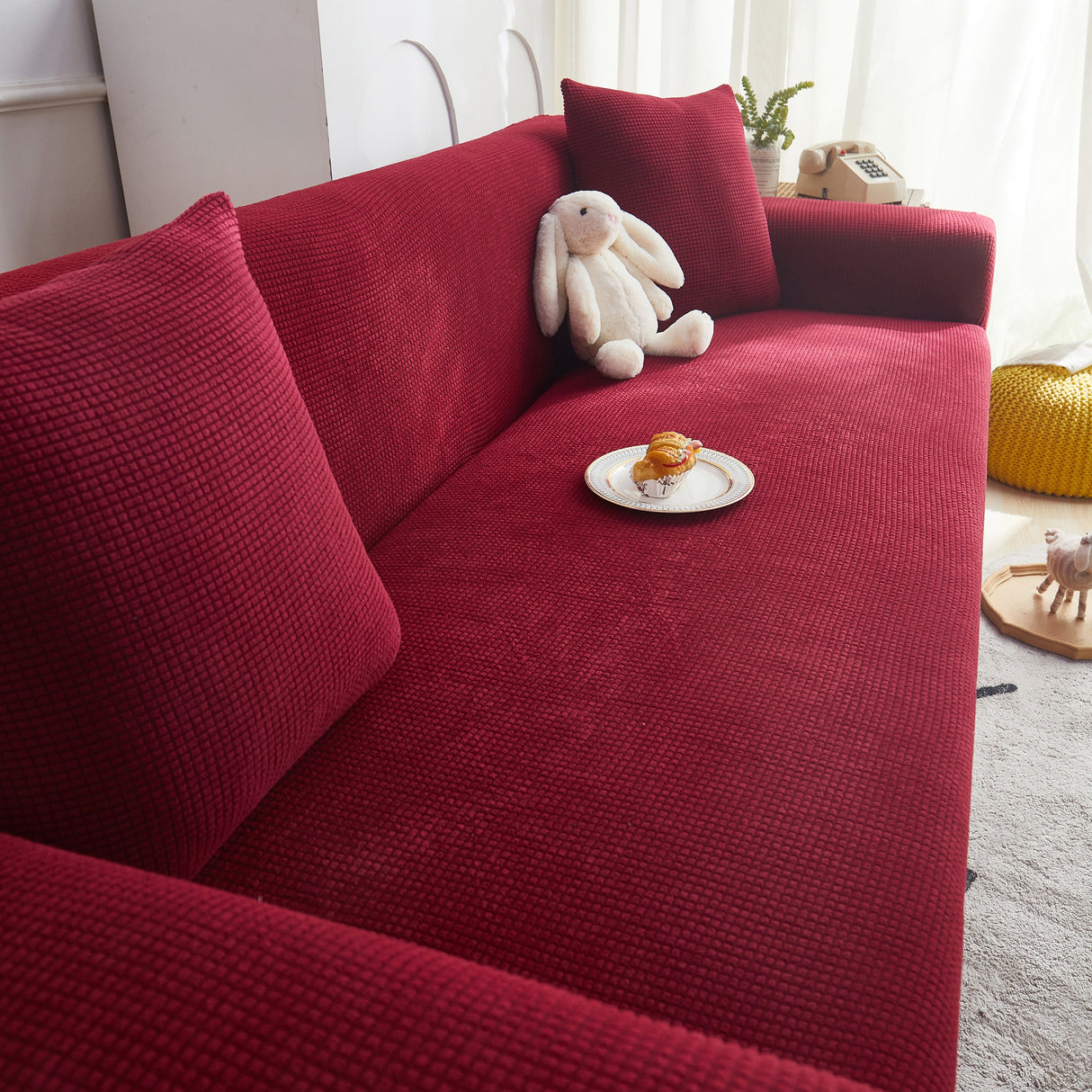 Grid Textured Stretch Sofa Cover, Soft Elastic Slipcover for Couch Protection