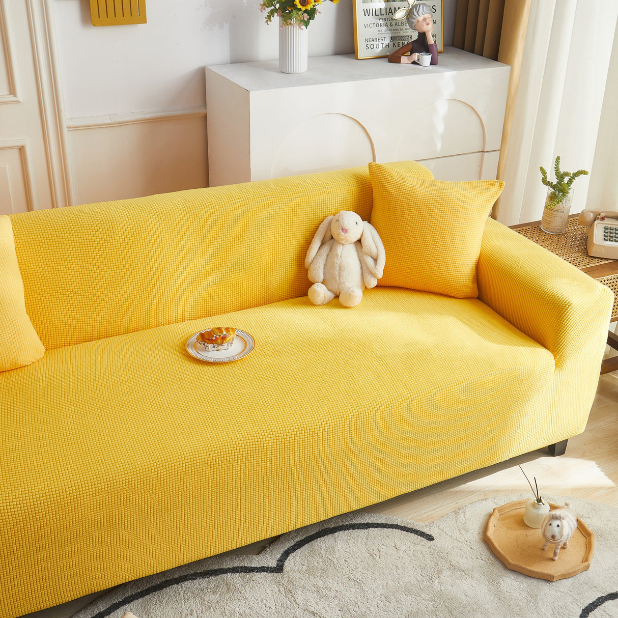 Grid Textured Stretch Sofa Cover, Soft Elastic Slipcover for Couch Protection