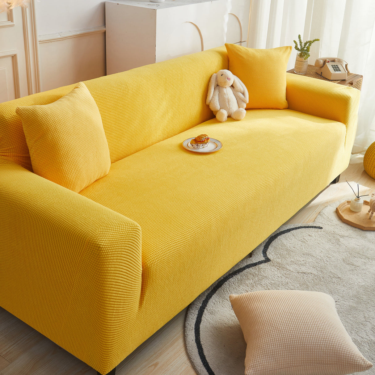 Grid Textured Stretch Sofa Cover, Soft Elastic Slipcover for Couch Protection