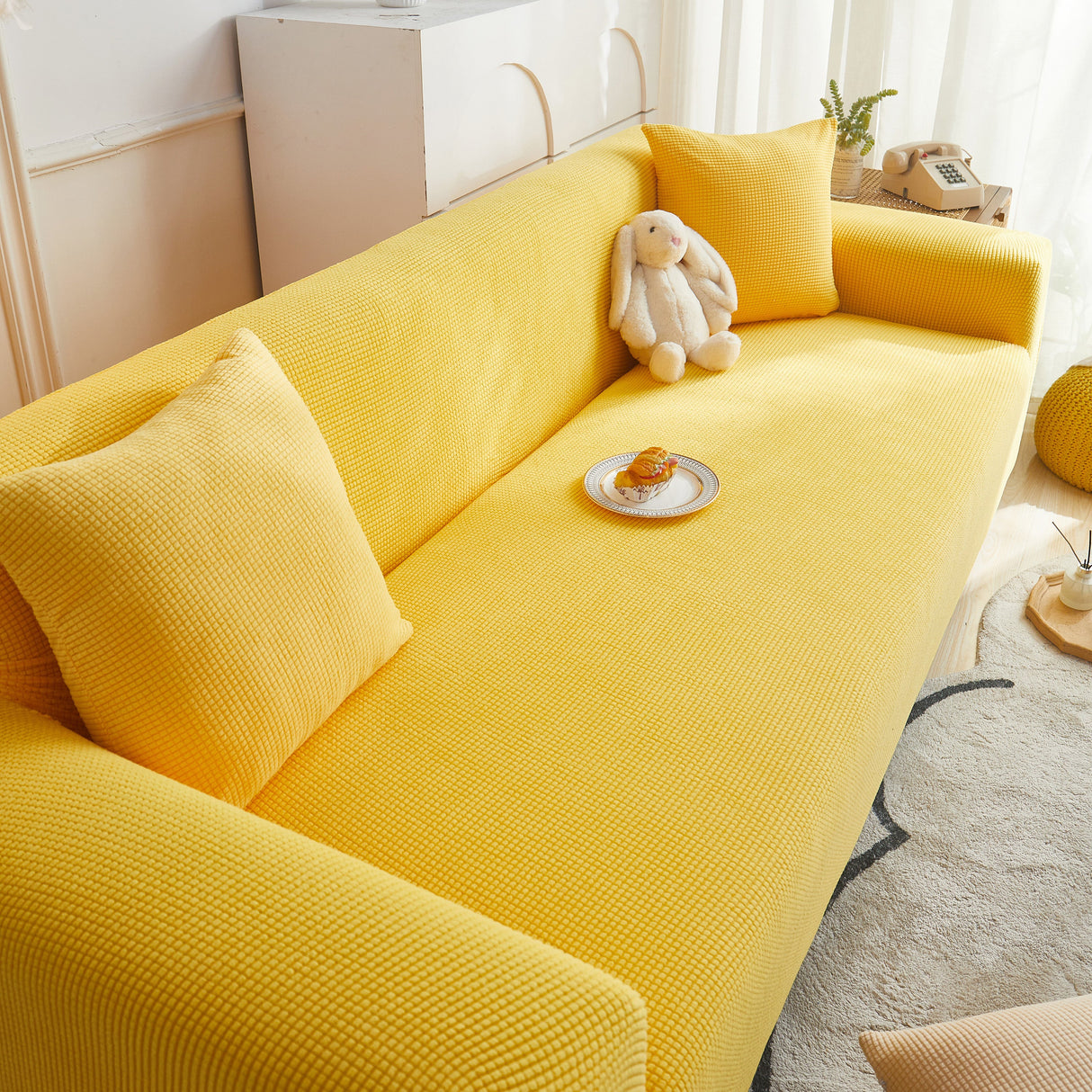 Grid Textured Stretch Sofa Cover, Soft Elastic Slipcover for Couch Protection