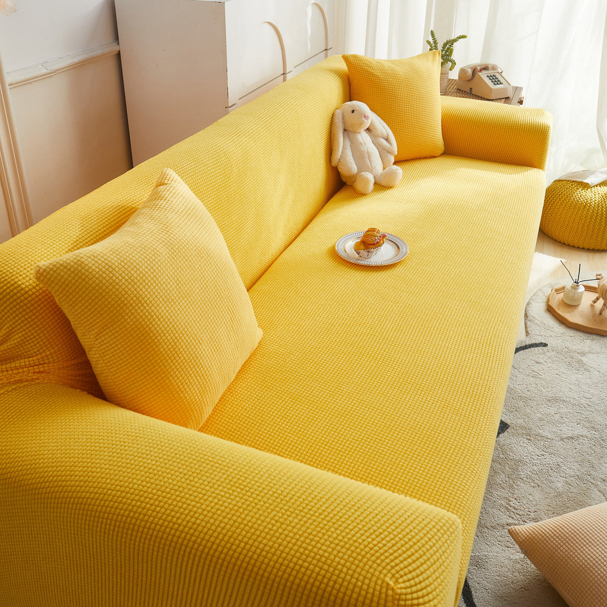 Grid Textured Stretch Sofa Cover, Soft Elastic Slipcover for Couch Protection