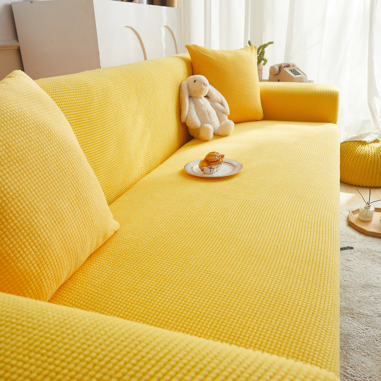 Grid Textured Stretch Sofa Cover, Soft Elastic Slipcover for Couch Protection