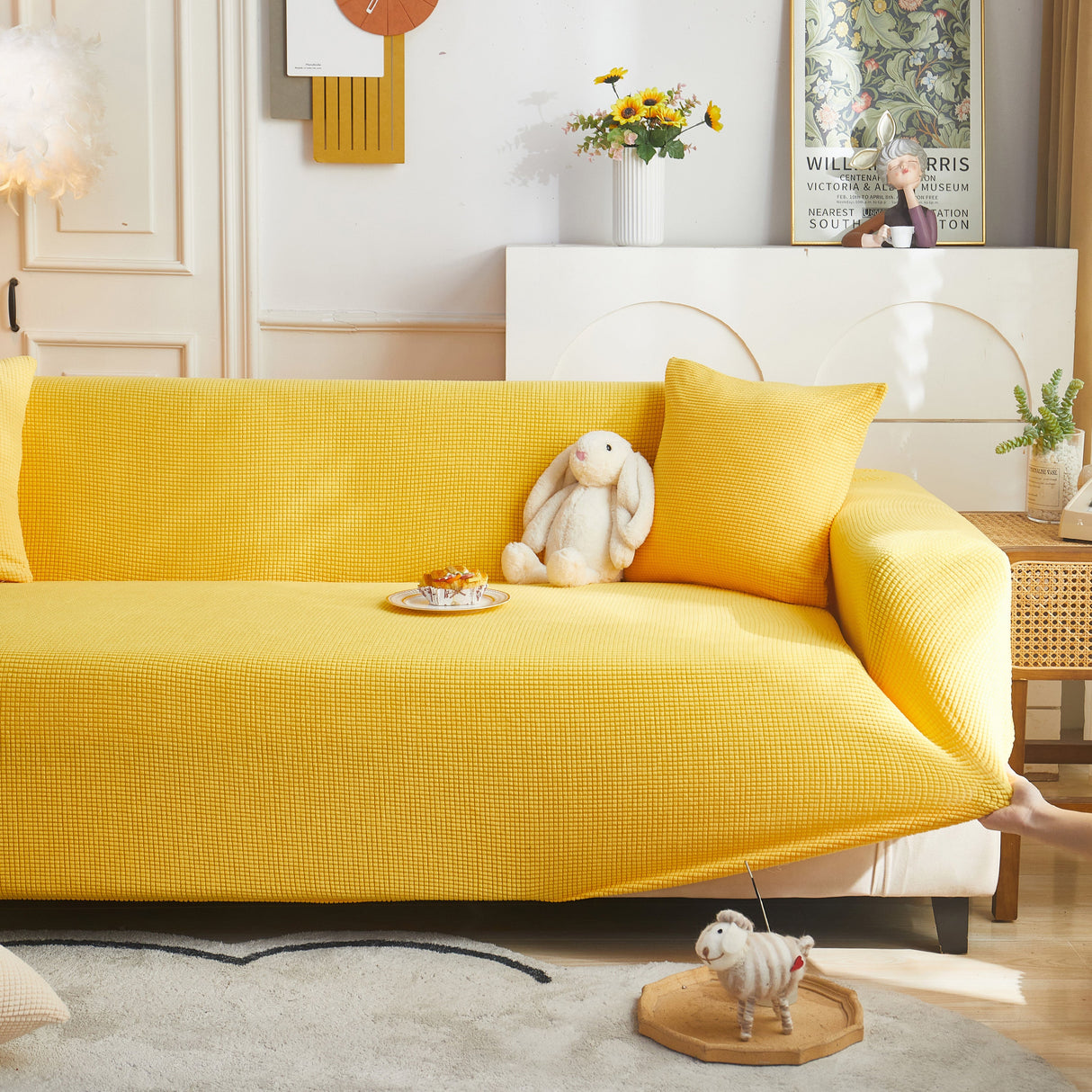 Grid Textured Stretch Sofa Cover, Soft Elastic Slipcover for Couch Protection