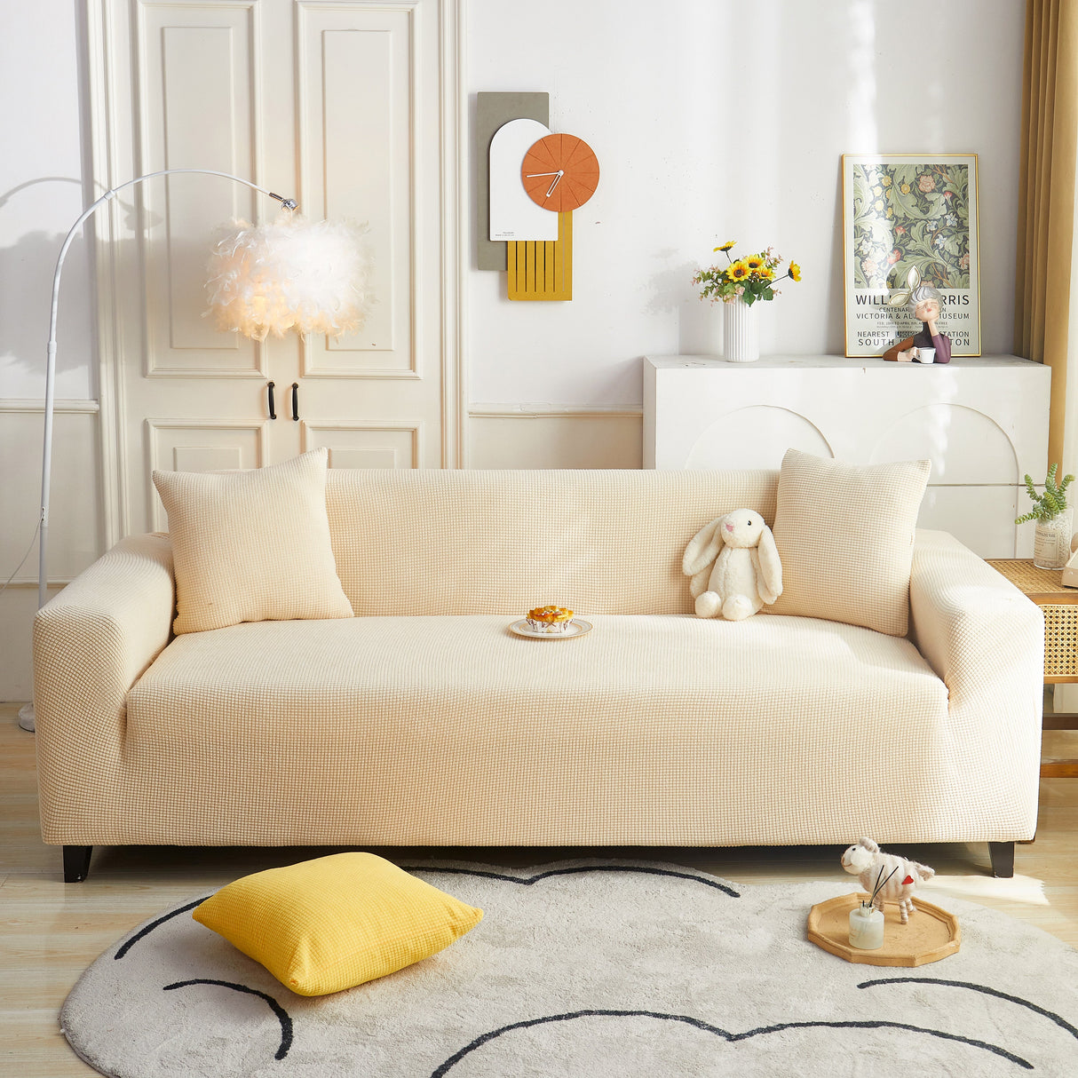 Grid Textured Stretch Sofa Cover, Soft Elastic Slipcover for Couch Protection