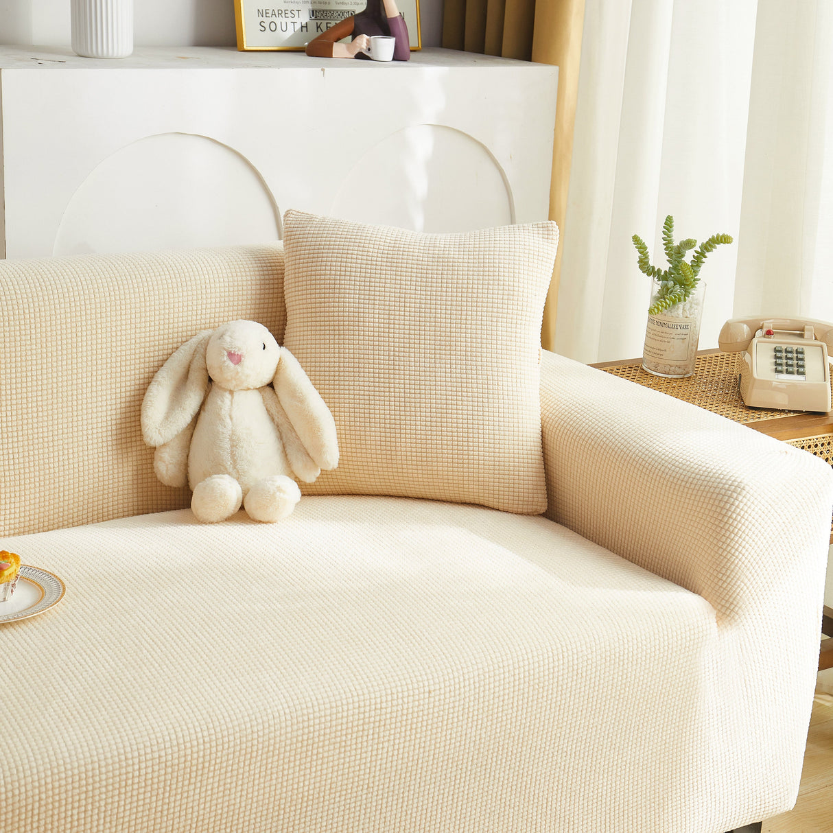 Grid Textured Stretch Sofa Cover, Soft Elastic Slipcover for Couch Protection