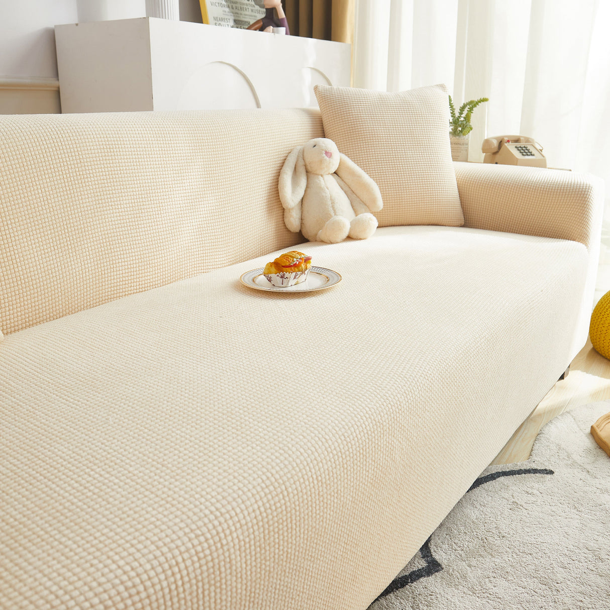 Grid Textured Stretch Sofa Cover, Soft Elastic Slipcover for Couch Protection