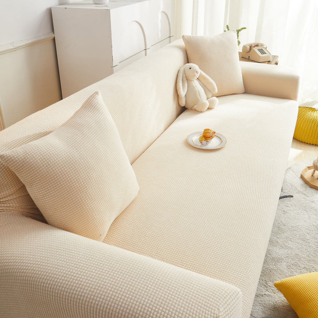 Grid Textured Stretch Sofa Cover, Soft Elastic Slipcover for Couch Protection