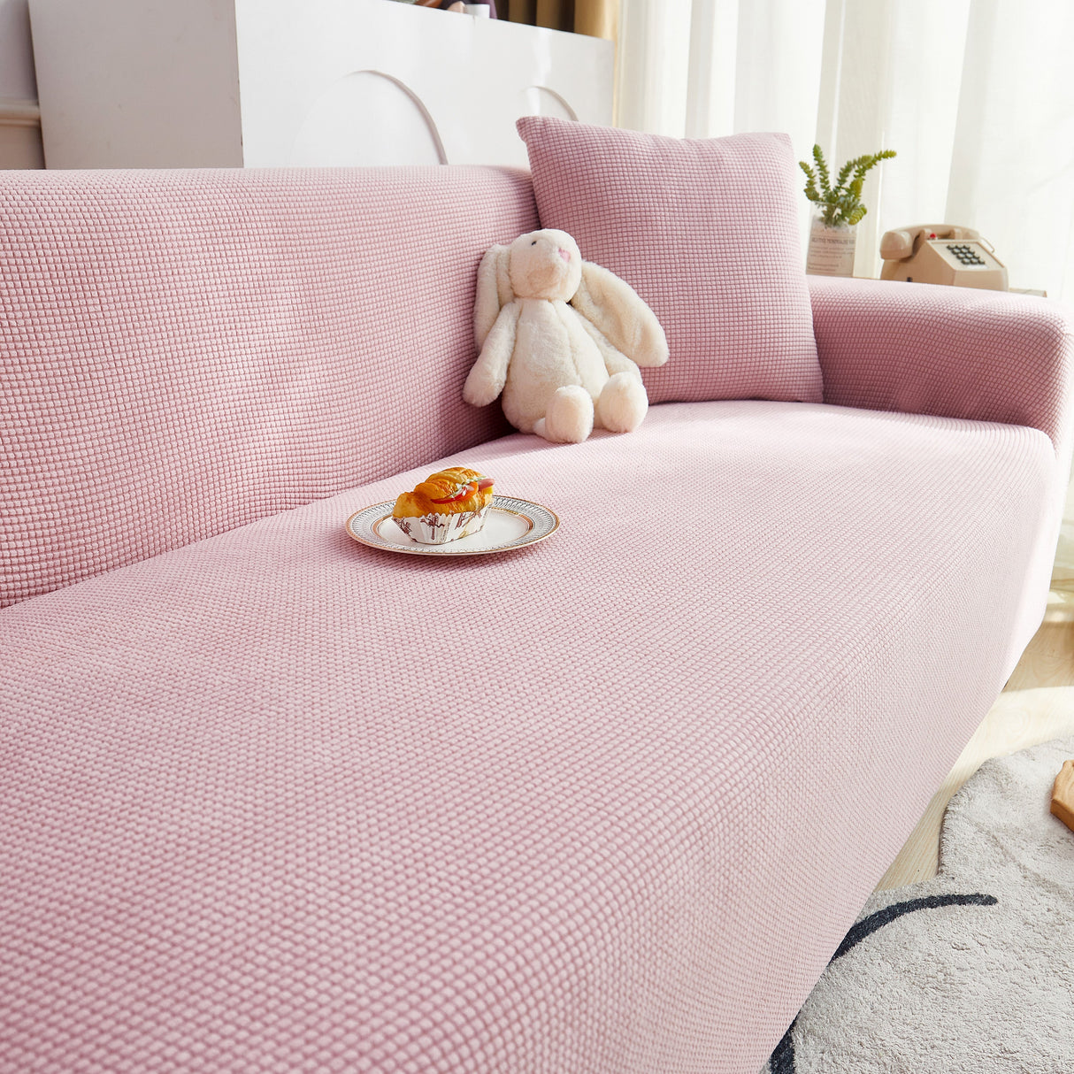 Grid Textured Stretch Sofa Cover, Soft Elastic Slipcover for Couch Protection