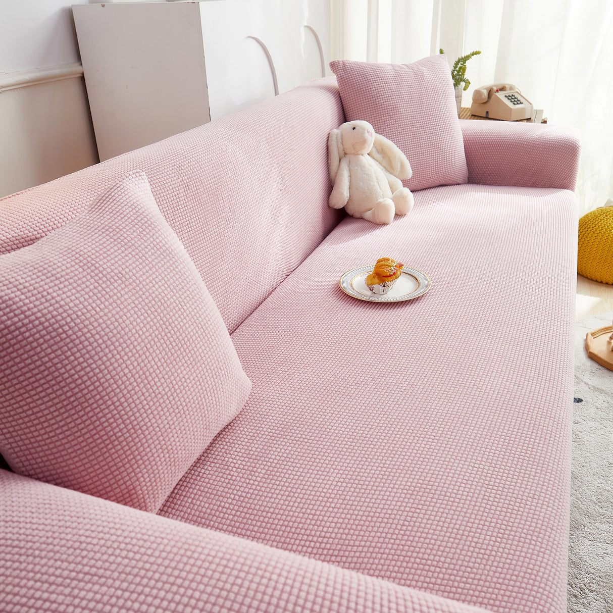 Grid Textured Stretch Sofa Cover, Soft Elastic Slipcover for Couch Protection