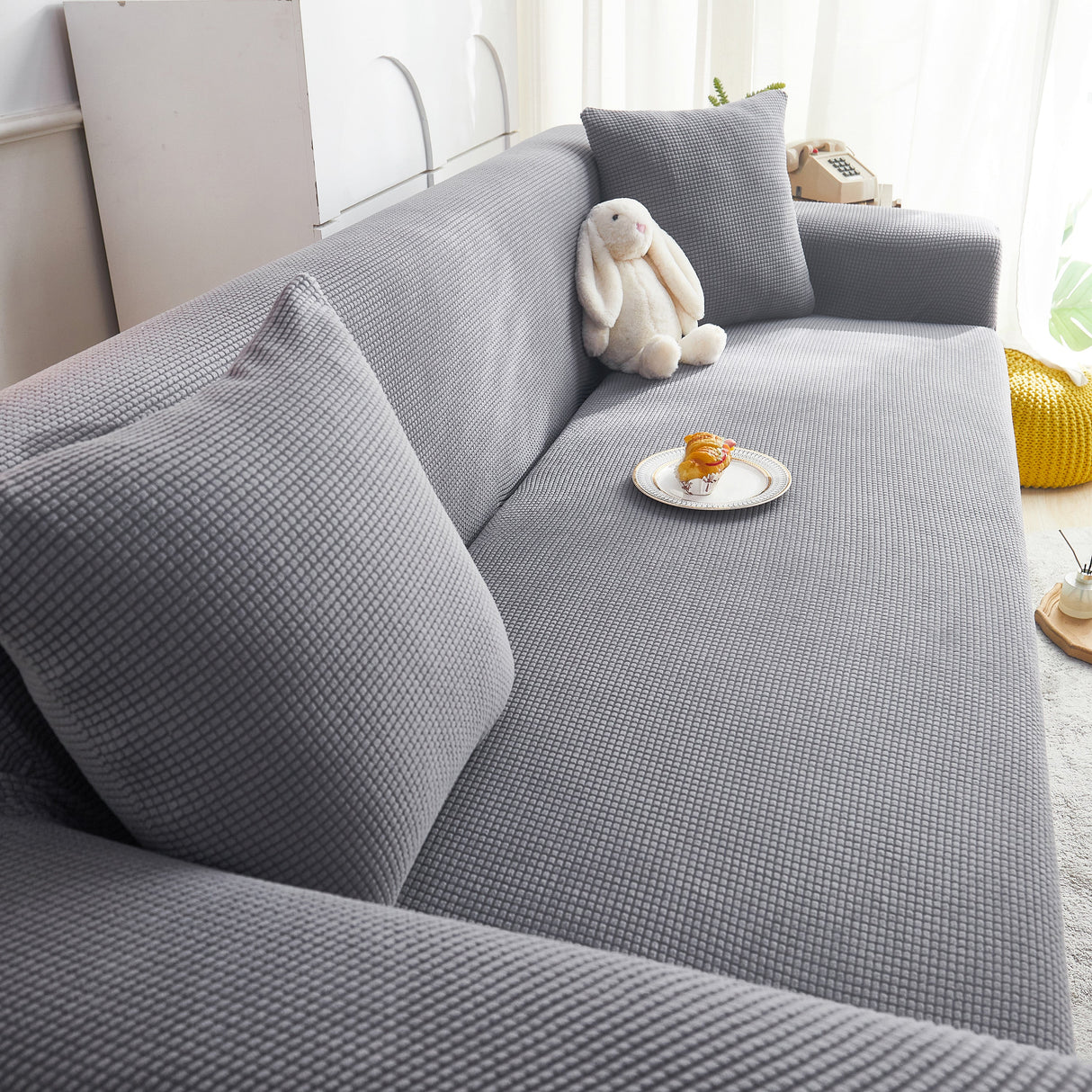 Grid Textured Stretch Sofa Cover, Soft Elastic Slipcover for Couch Protection