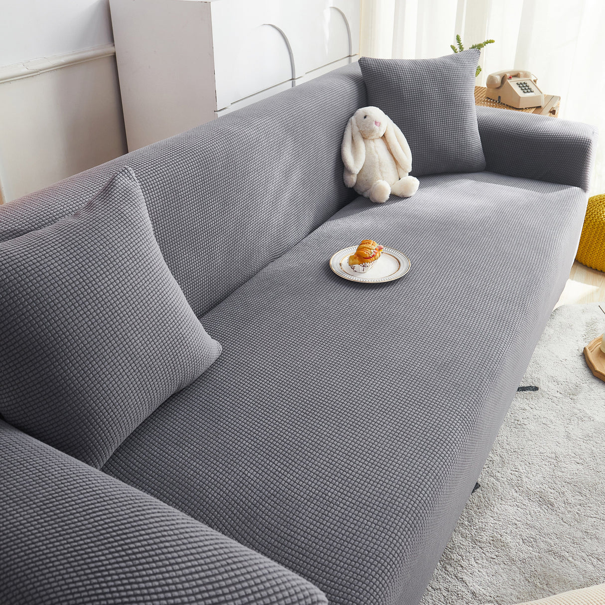 Grid Textured Stretch Sofa Cover, Soft Elastic Slipcover for Couch Protection