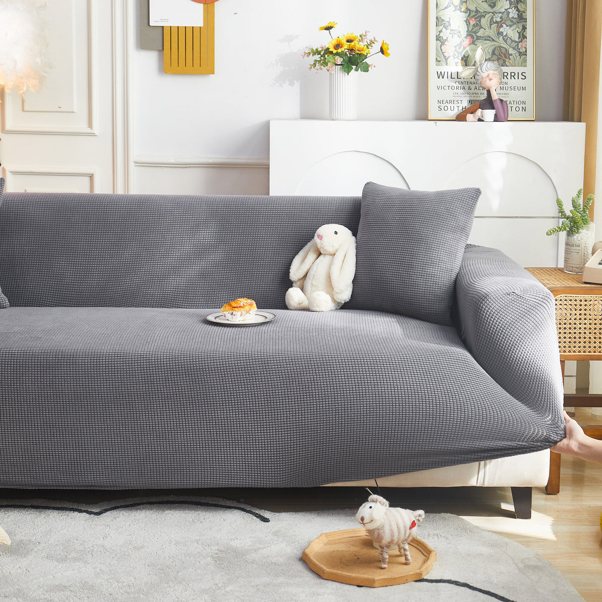 Grid Textured Stretch Sofa Cover, Soft Elastic Slipcover for Couch Protection