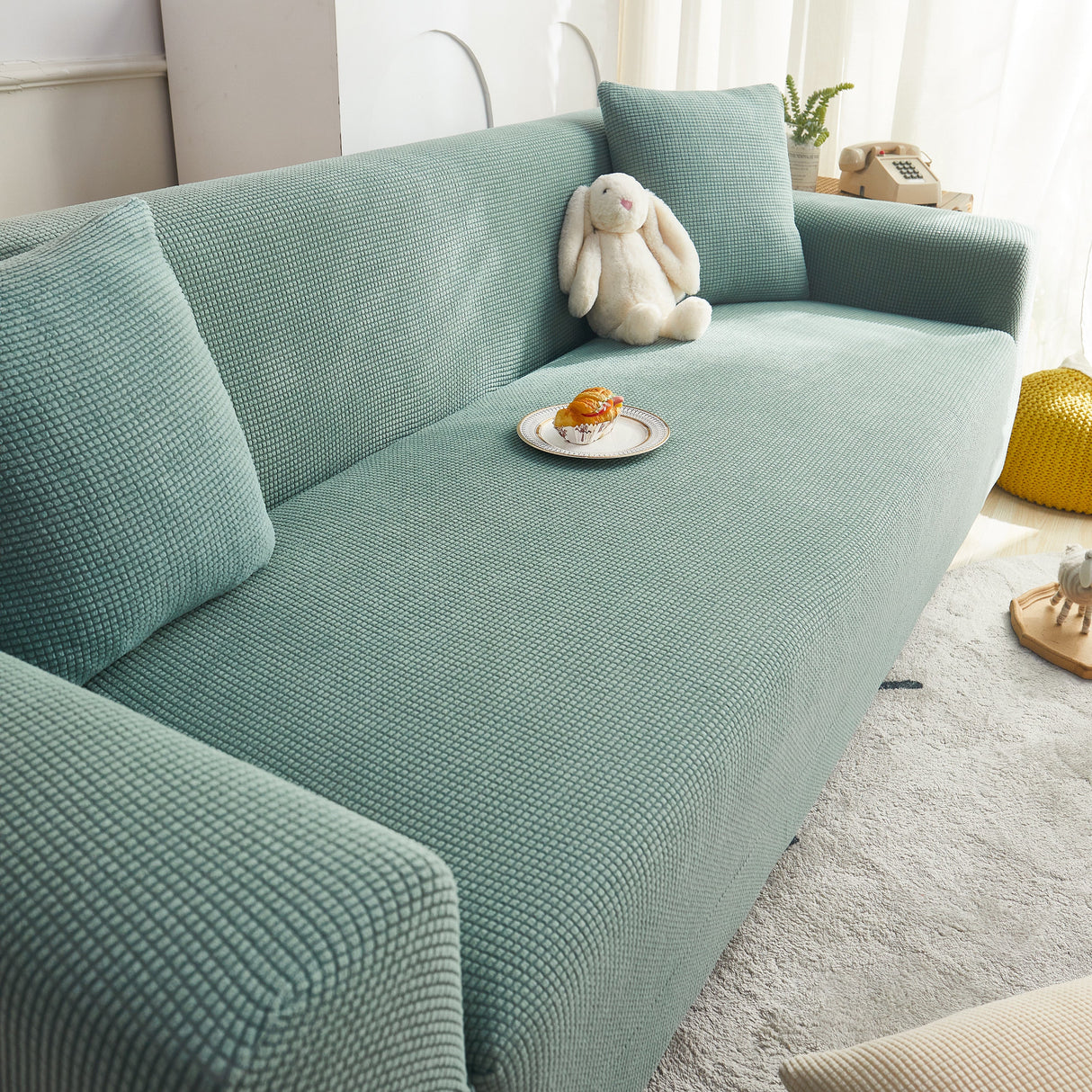 Grid Textured Stretch Sofa Cover, Soft Elastic Slipcover for Couch Protection