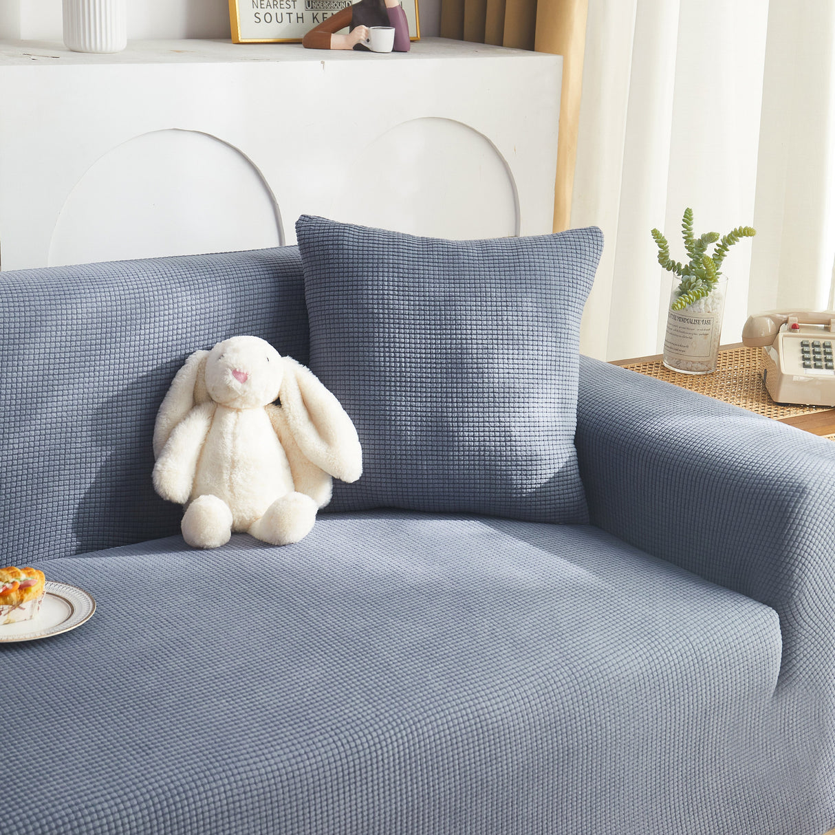 Grid Textured Stretch Sofa Cover, Soft Elastic Slipcover for Couch Protection