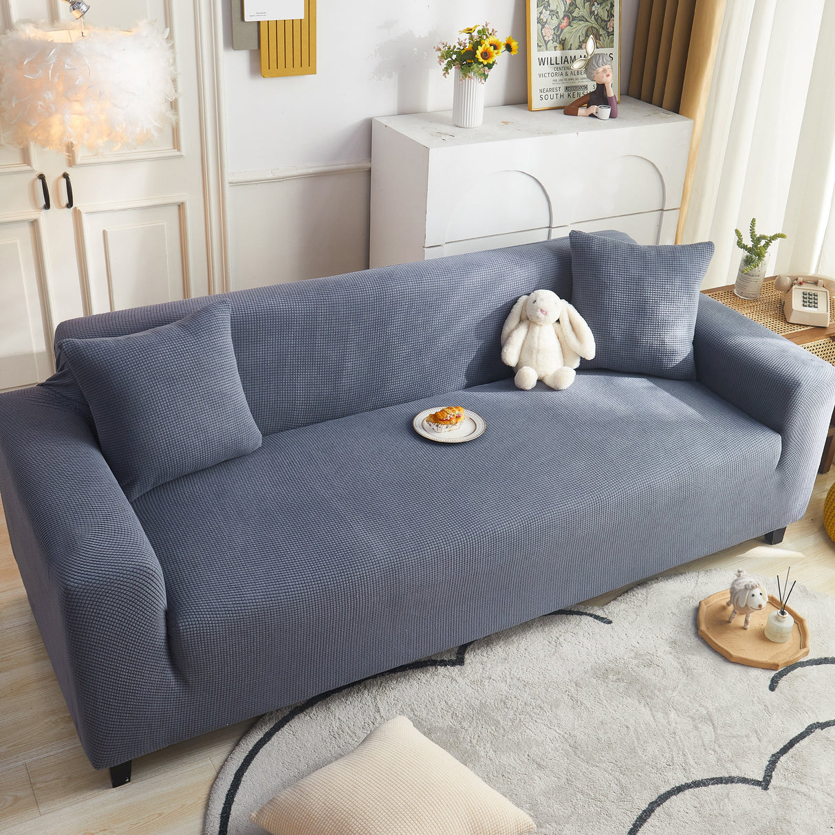 Grid Textured Stretch Sofa Cover, Soft Elastic Slipcover for Couch Protection