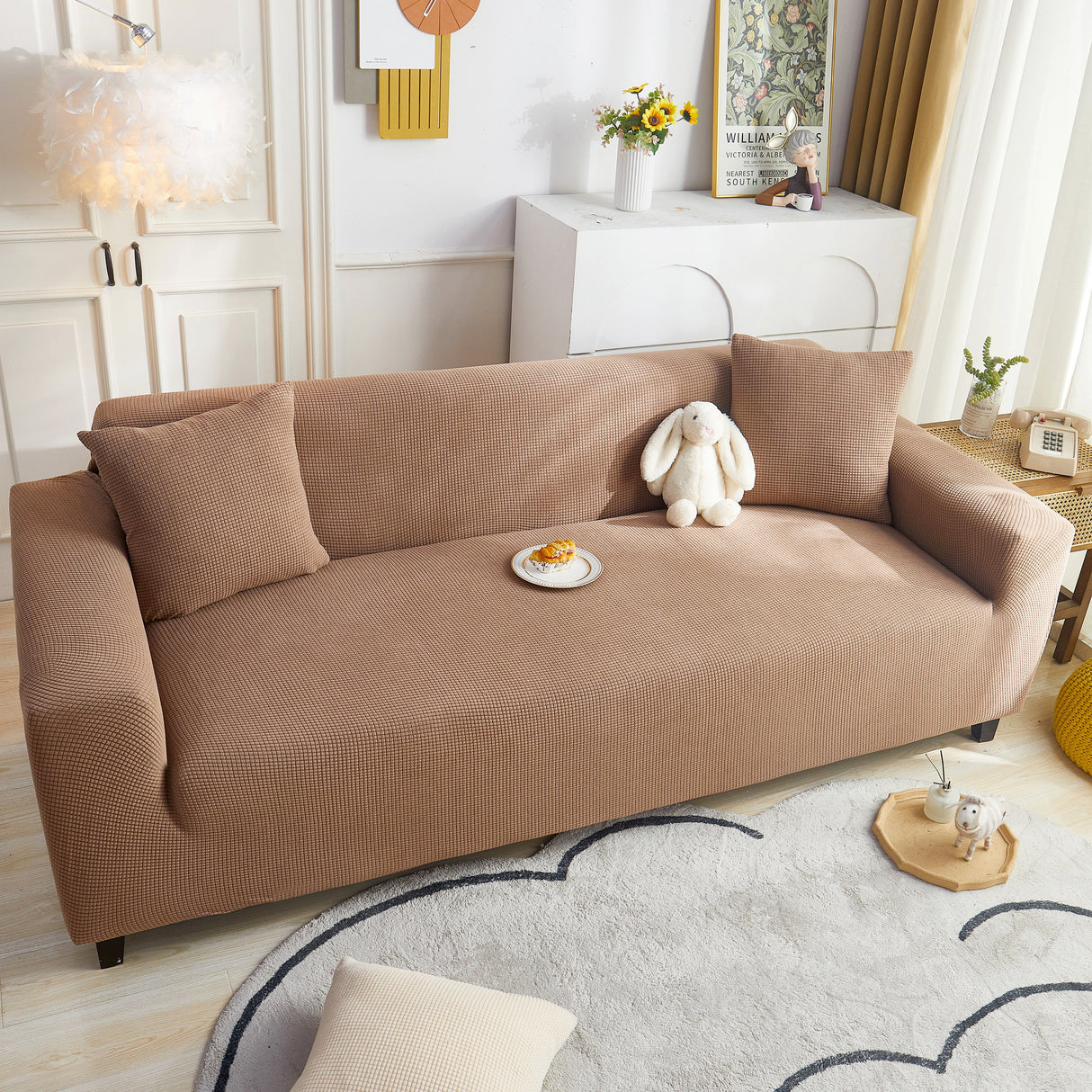 Grid Textured Stretch Sofa Cover, Soft Elastic Slipcover for Couch Protection