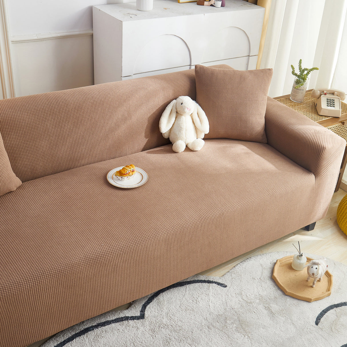 Grid Textured Stretch Sofa Cover, Soft Elastic Slipcover for Couch Protection