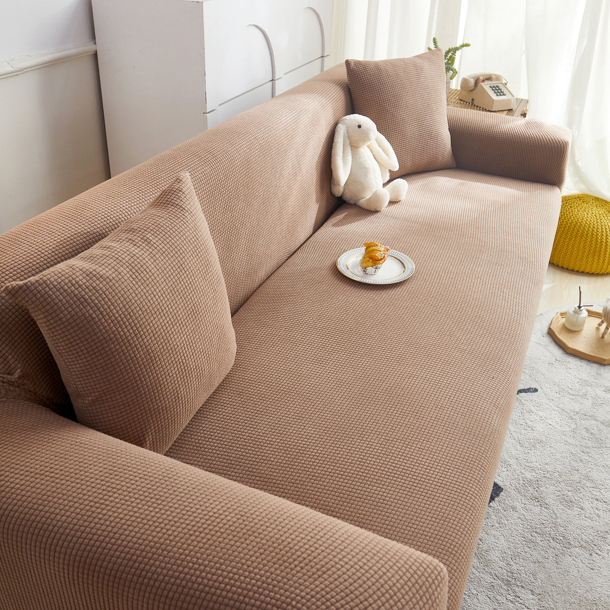 Grid Textured Stretch Sofa Cover, Soft Elastic Slipcover for Couch Protection