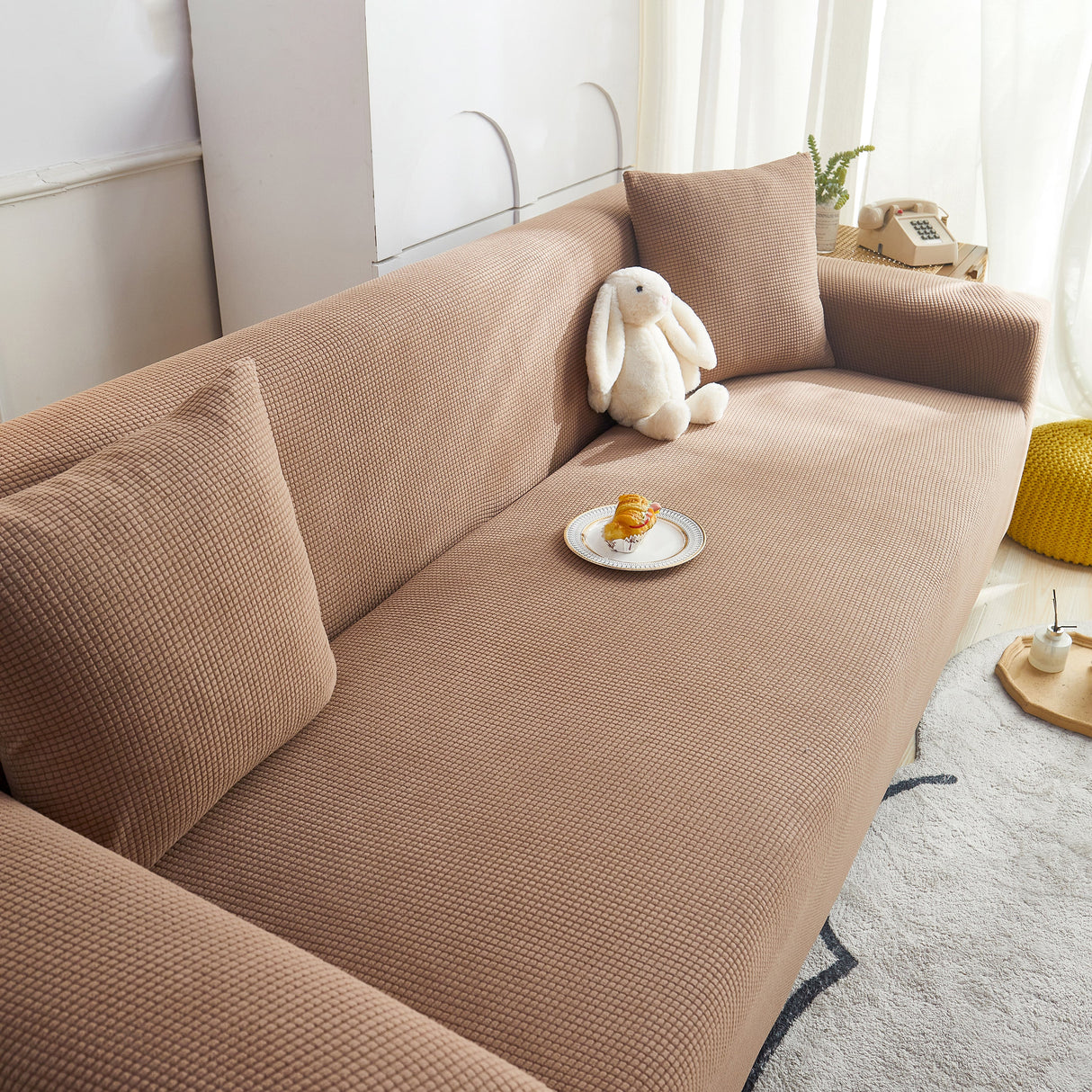 Grid Textured Stretch Sofa Cover, Soft Elastic Slipcover for Couch Protection