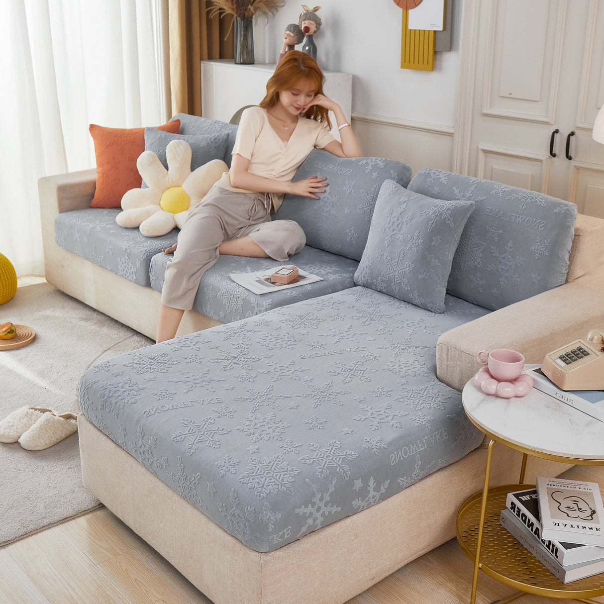 Jacquard Fabric Couch Cushion Covers, Elastic Stretch Sofa Protector for L-Shaped Couches and Pet-Friendly Living Rooms