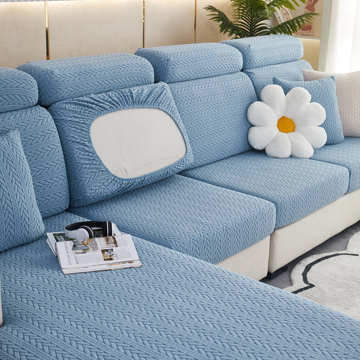 Stretchable Jacquard Polar Fleece Sofa Cover Non-Slip Furniture Protector for Pets L-Shaped Couch Slipcovers