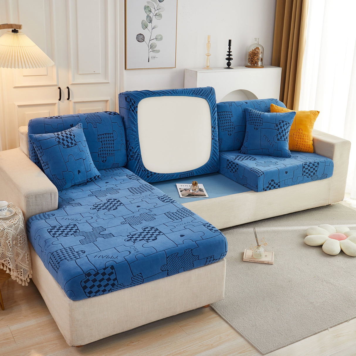 Happy Puzzle Jacquard Fleece Stretchable Cushion Cover, Non-Slip L Shaped Couch Covers for Pets