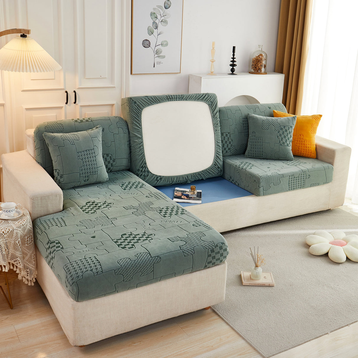 Happy Puzzle Jacquard Fleece Stretchable Cushion Cover, Non-Slip L Shaped Couch Covers for Pets