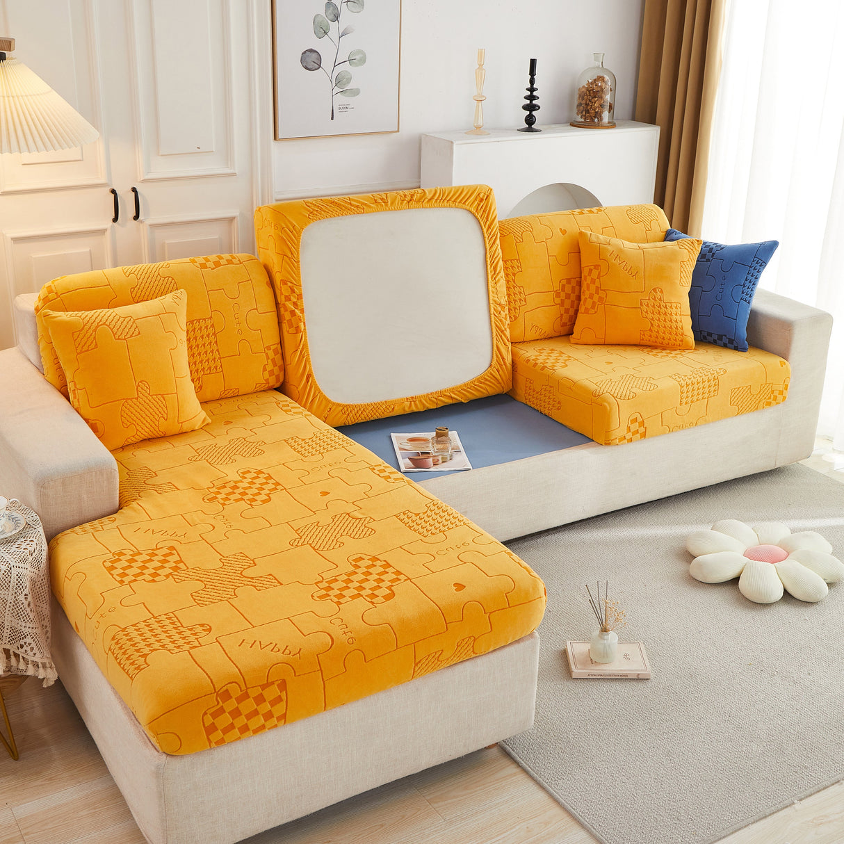 Happy Puzzle Jacquard Fleece Stretchable Cushion Cover, Non-Slip L Shaped Couch Covers for Pets