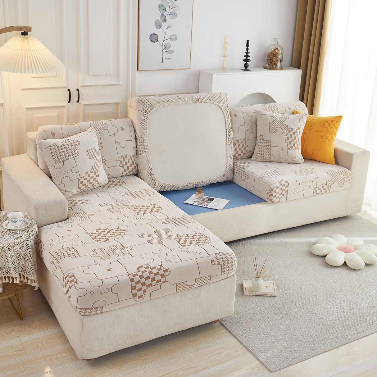 Happy Puzzle Jacquard Fleece Stretchable Cushion Cover, Non-Slip L Shaped Couch Covers for Pets