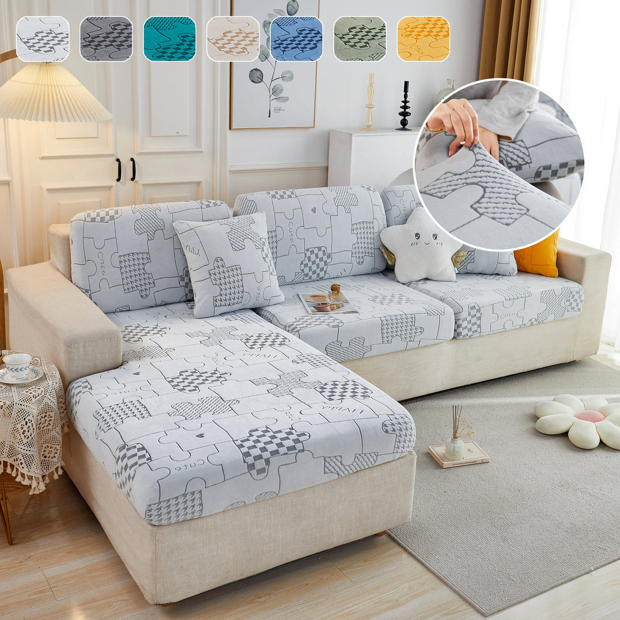 Happy Puzzle Jacquard Fleece Stretchable Cushion Cover, Non-Slip L Shaped Couch Covers for Pets