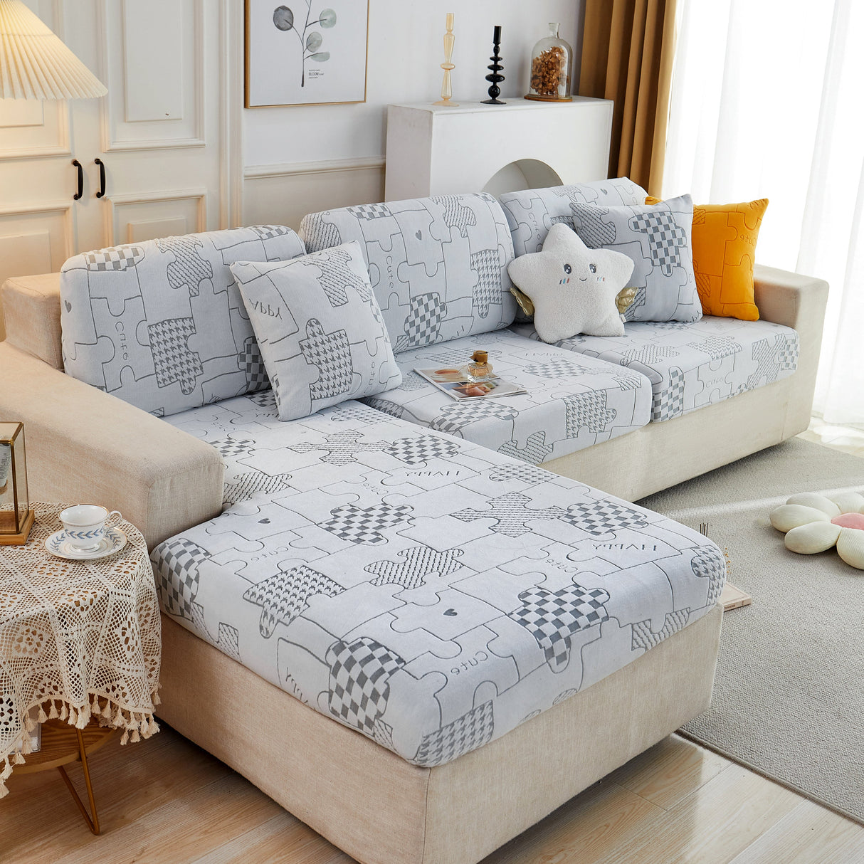 Happy Puzzle Jacquard Fleece Stretchable Cushion Cover, Non-Slip L Shaped Couch Covers for Pets