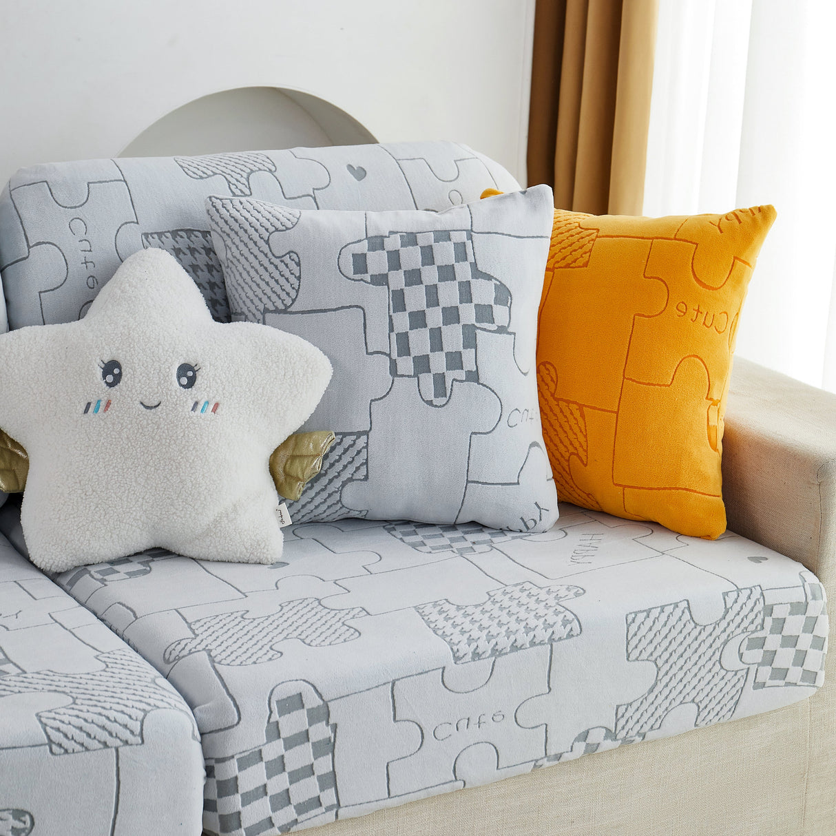 Happy Puzzle Jacquard Fleece Stretchable Cushion Cover, Non-Slip L Shaped Couch Covers for Pets