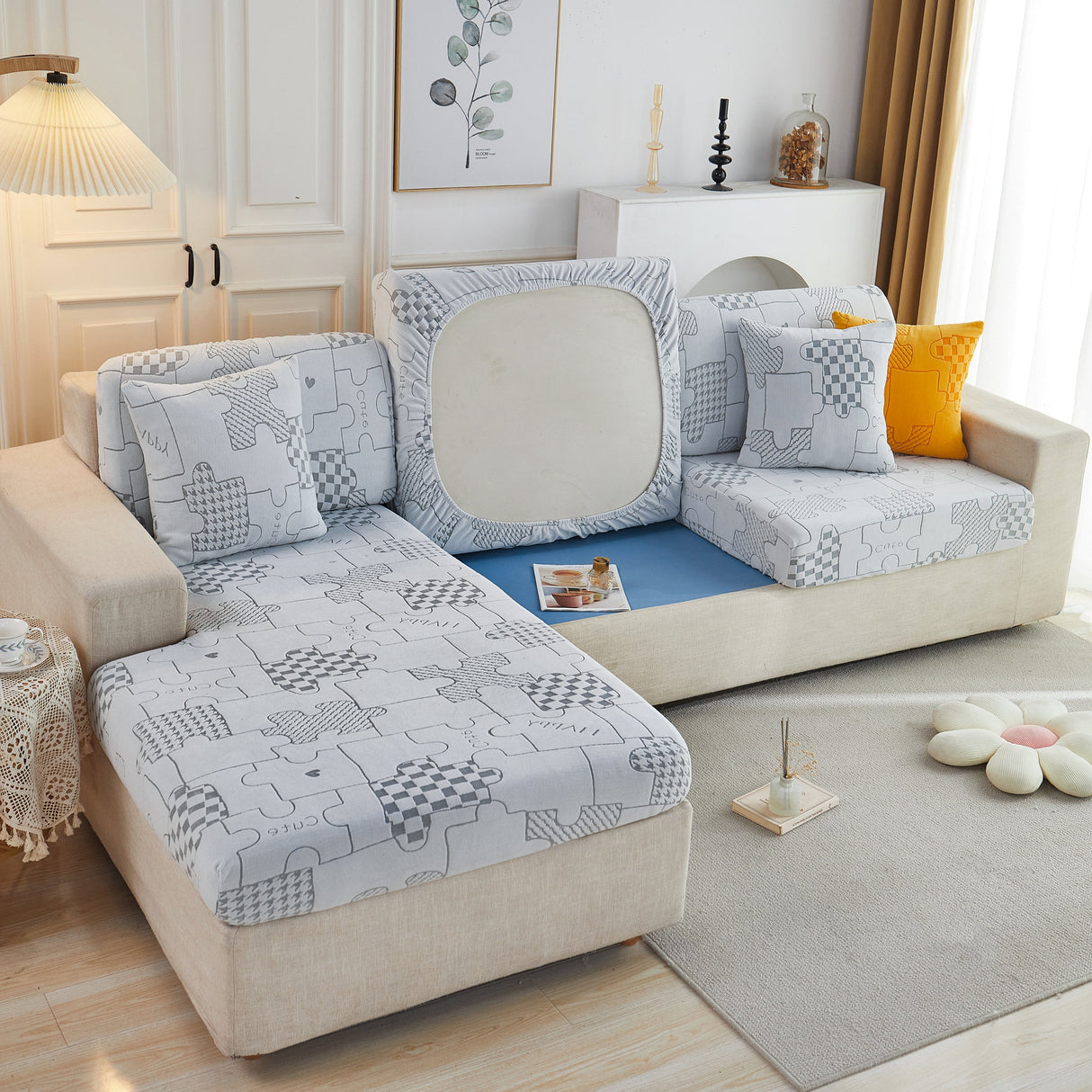 Happy Puzzle Jacquard Fleece Stretchable Cushion Cover, Non-Slip L Shaped Couch Covers for Pets