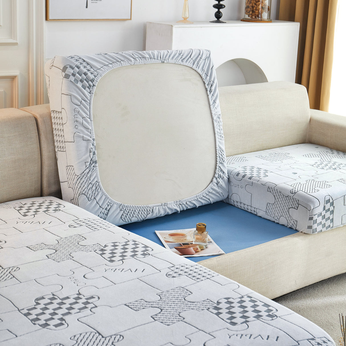 Happy Puzzle Jacquard Fleece Stretchable Cushion Cover, Non-Slip L Shaped Couch Covers for Pets