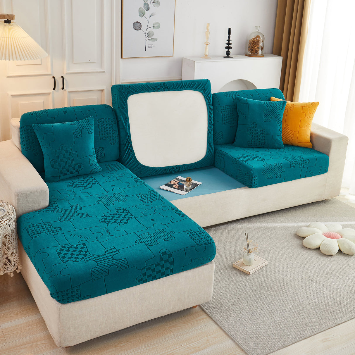 Happy Puzzle Jacquard Fleece Stretchable Cushion Cover, Non-Slip L Shaped Couch Covers for Pets