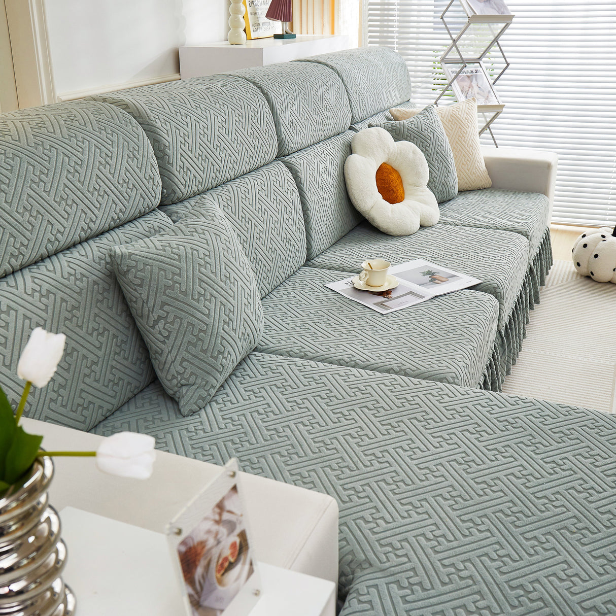 Stretch Sofa Covers with Skirt for Couch Seat and Cushion, Chaise, Sectional, 1/2/3/4 Seater Sofas