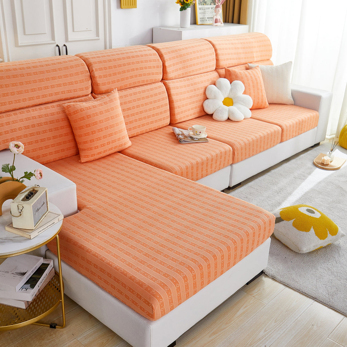 Love Stripe Jacquard Fleece Fabric Stretch Cushion Cover, Non-Slip Furniture Protector for Kids, Couch Cushion Covers